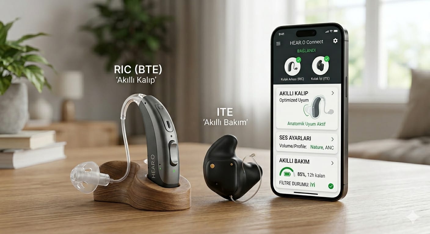 RIC ve ITE işitme cihazları ile HEAR.O Connect mobil uygulama arayüzü: bağlı cihaz durumu, ses ayarları ve pil bilgisi gösteren ekran