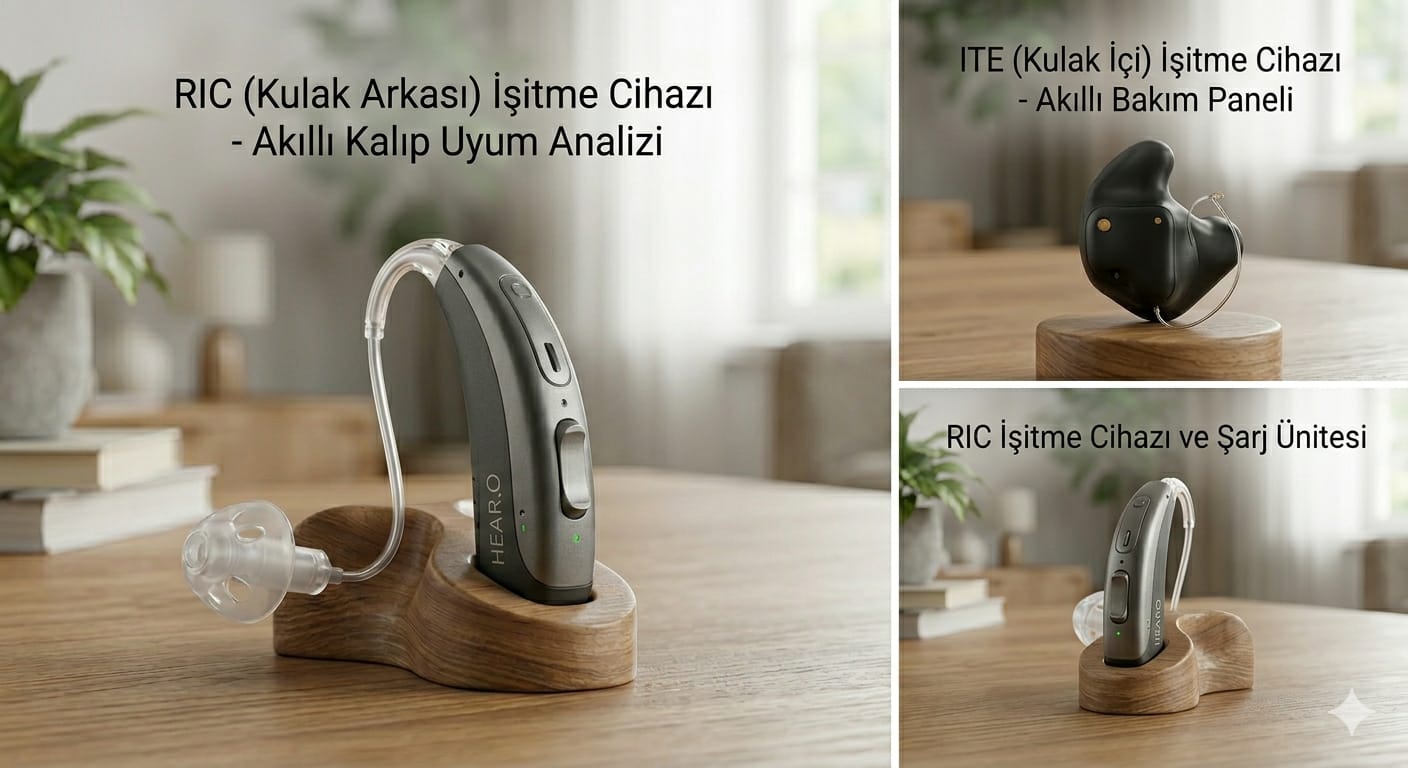 HEAR.O AuraHub akıllı bakım istasyonu: RIC Kalıp Entegrasyon Analizi, ITE Akıllı Bakım Paneli ve cihaz ünitesinin ahşap standlar üzerinde sergilenmesi